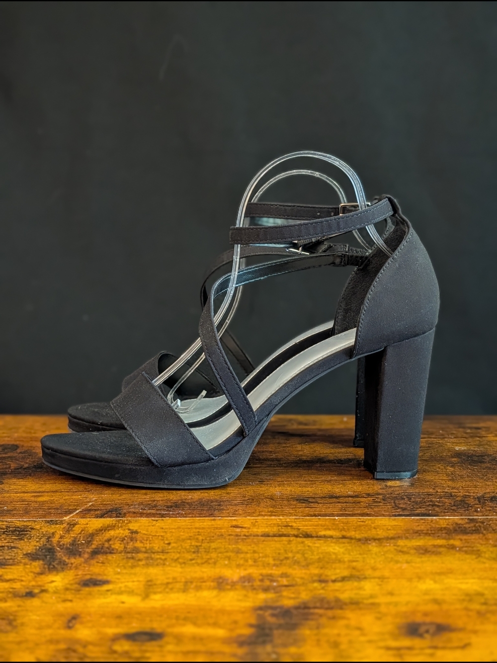 C&M Black Strappy Platform Sandals 12W Wide Ankle Buckle Chunky Heels Club Wear - Picture 6 of 8